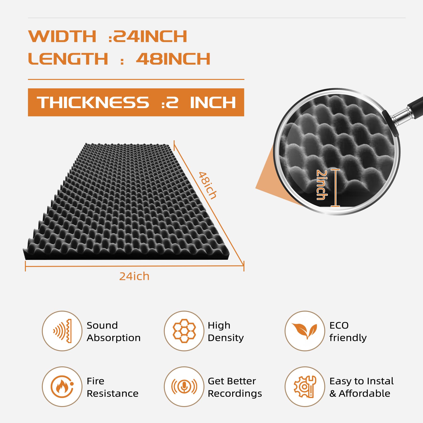 TEMGCUAM 2 Pack Sound Proof Foam Panels | 48''  24''  2'' Egg Crate Foam Pad | High Density Soundproof Wall Panels for Home Stud
